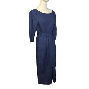 Hannah Canvas Navy 100% Linen Belted Midi Dress NWOT Size M